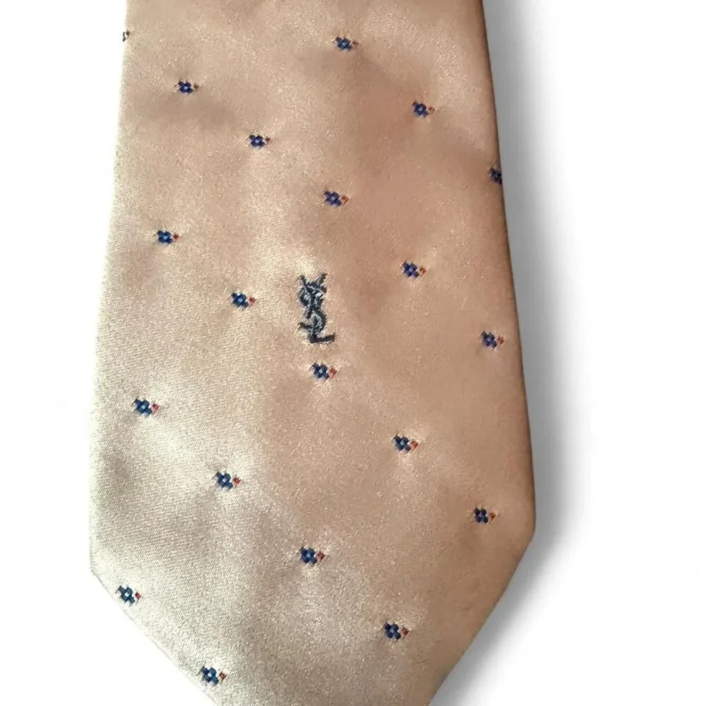 Yves Saint Laurent YSL Mens Silk Necktie Beige Tan Blue Ebroidered Designer Tie